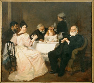 Francisque Sarcey, litteraturkritiker, hemma hos dottern till Adolphe Brisson ... (målning på duk) av Marcel Andre Baschet