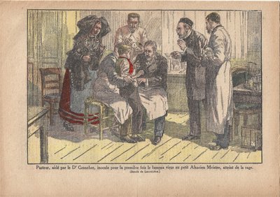 Pasteur, assisterad av Dr. Grancher, inokulerade det berömda viruset för första gången i den lilla Alsace-mästaren, infekterad med rabies., Le Pèlerin, 1922-11-5 (tryck) av Marcel Lecoultre