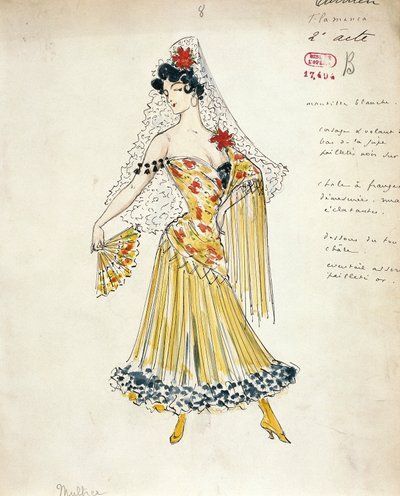 Frankrike, Paris, skiss av kostym för flamencodansare för Carmen av Georges Bizet av Marcel Multzer