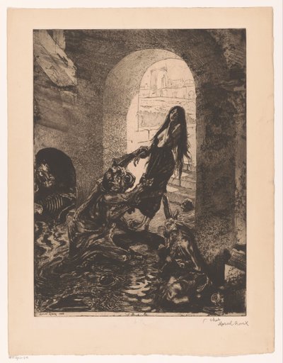 Monster tar tag i en kvinna som står i dörröppningen Offrande a Moloch (titel på objekt) Girl of pleasure (serietitel) Fille de Joie (serietitel på objekt) av Marcel Roux (signed by artist)