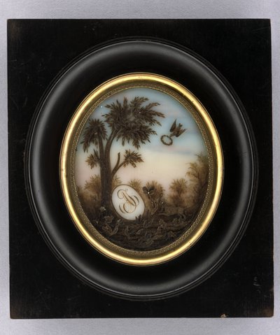 Plakett, ca 1880 (akvarell & hårarbete på glas, förgylld, trä och glas) av Marcellin Marcellin