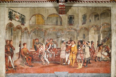 Jaktscen, detalj av Christian I av Danmarks besök i Bartolomeo Colleoni, Honor Hall av Marcello or Romani Girolamo (Romanino) (c.1485 c.1566) (attr.to) Fogolino