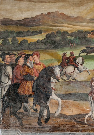 Jaktscen, detalj av Christian I av Danmarks besök i Bartolomeo Colleoni, Honor Hall av Marcello or Romani Girolamo (Romanino) (c.1485 c.1566) (attr.to) Fogolino