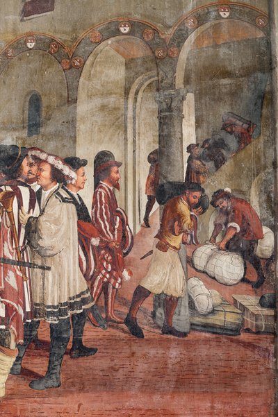 Jaktscen, detalj av Christian I av Danmarks besök i Bartolomeo Colleoni, Honor Hall av Marcello or Romani Girolamo (Romanino) (c.1485 c.1566) (attr.to) Fogolino
