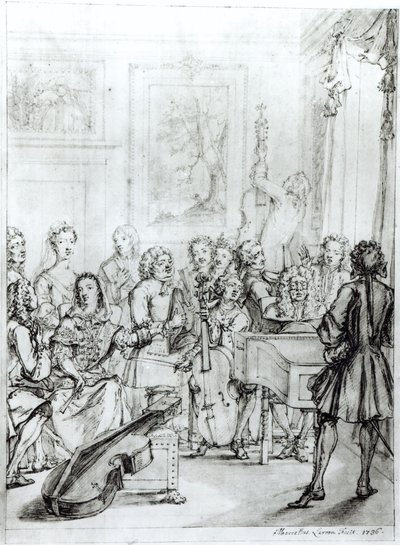 Konsert på Montague House, 1736 (penna och bläck över penna på papper) av Marcellus the Younger Laroon