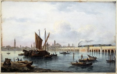 Bron över lagunen i "Album of the main views of Venice"" teckningar av Marco Moro ed. Gio Brize-Ghel n.d 1840. ca. av Marco (after) Moro
