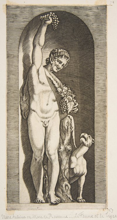 En faun som står i en nisch och håller upp ett druvklase med sin högra hand och ..., ca. 1515-27. av Marco Dente