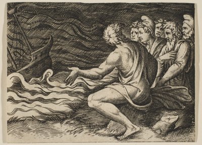 En grupp figurer till höger som bevittnar ett skeppsbrott, ca. 1515-27. av Marco Dente