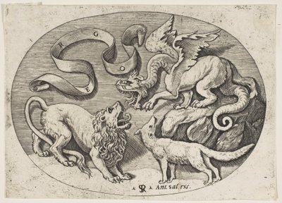 Ett lejon, en drake och en räv som slåss mot varandra, en inskriven banderole ovanför, en oval c..., ca. 1515-27. av Marco Dente