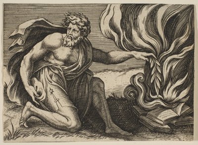 En man som knäböjer och lägger en lagergren på en hög med brinnande böcker, ca. 1515-27. av Marco Dente