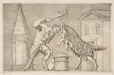 En satyr och en bagge attackerar varandra, satyren använder en klubba med sin högra ha..., ca. 1515-27. av Marco Dente
