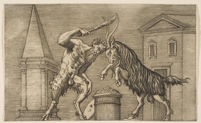 En satyr och en bagge attackerar varandra, satyren använder en klubba med sin högra ha..., ca. 1515-27. av Marco Dente