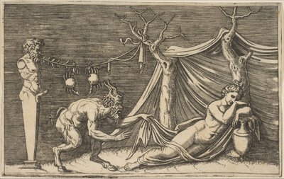 En satyr som upptäcker en sovande kvinna, två krabbor hängande i ett rep som är spänt..., ca. 1515-27. av Marco Dente