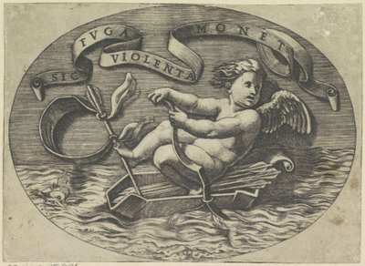 Amor flyr till sjöss Sic ruga violenta monet (titel på objekt) av Marco Dente