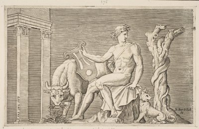 Apollo sköter Admetus flockar, Apollo sitter med en lyra och flankerad av en..., ca. 1515-27. av Marco Dente