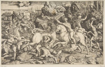 Stridsscen i ett landskap med soldater till häst och flera stupade män, en annan..., ca. 1520. av Marco Dente