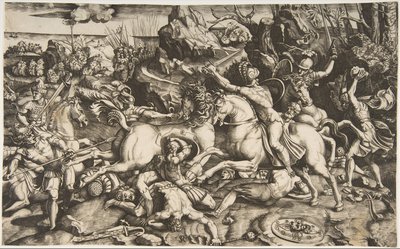 Stridsscen i ett landskap med soldater till häst och flera stupade män, en annan..., ca. 1520. av Marco Dente
