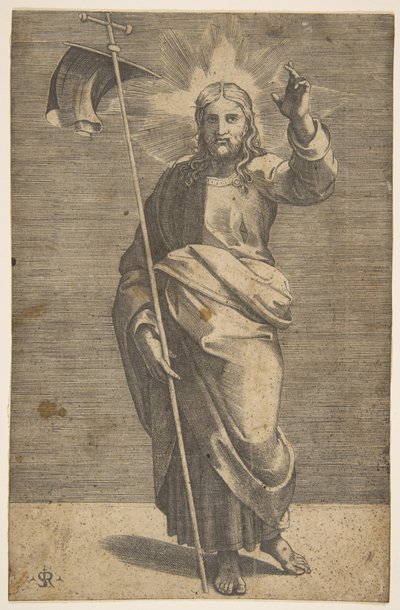 Kristus står vänd framåt, håller ett kors med en banderoll och höjer sin vänstra ..., ca. 1515-27. av Marco Dente