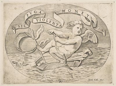 Eros flyr till sjöss, Amor använder sin båge för att driva fram en båt gjord av hans koger med..., ca. 1515-27. av Marco Dente