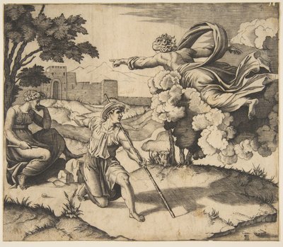 Gud som visar sig för Isak, Gud som svävar i moln och pekar mot Rebecca som sitter under..., ca. 1515-27. av Marco Dente