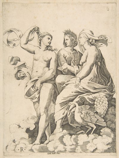 Juno, Ceres och Psyche i molnen och samtalade, Juno satt med en påfågel vid henne..., ca. 1515-27. av Marco Dente