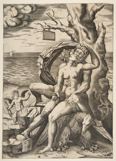 Jupiter och Semele omfamnar, en örn under dem, ett träd till höger med ett tomt t..., ca. 1515-27. av Marco Dente