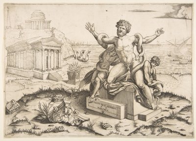 Laocoön och hans två söner attackeras av ormar på en piedestal, ett tempel till Mi..., ca. 1515-27. av Marco Dente