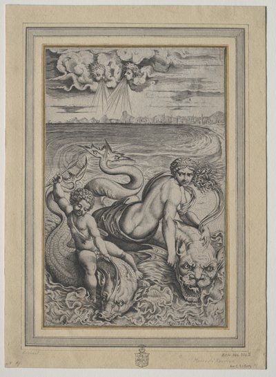 Kärlek och Amor buren av delfiner, 1500-tal. av Marco Dente