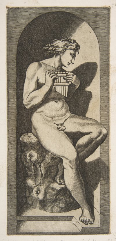 Olympus naken sittande på en stubbe med rör, placerad i en nisch, ca. 1515-27. av Marco Dente