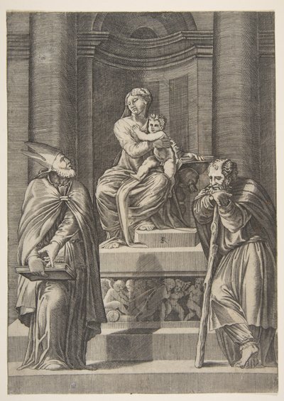Saint Joseph till vänster och en biskop till höger stående framför jungfruns altare ..., ca. 1515-27. av Marco Dente