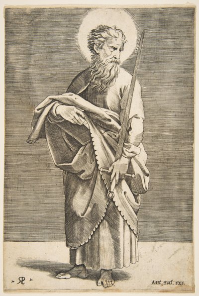 Saint Paul tittar till höger och håller ett svärd och en bok, ca. 1515-27. av Marco Dente