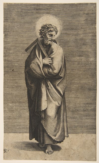 Saint Thomas håller en fyrkantig regel, huvudet vänt åt höger, ca. 1515-27. av Marco Dente