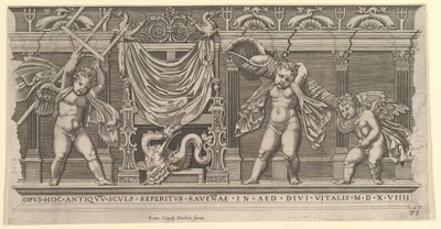 Mirror of Roman Magnificence: Basrelief med tre amoriner, 1519. av Marco Dente