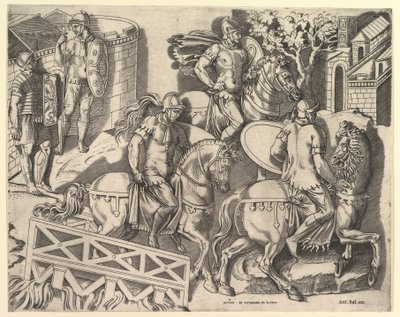 Mirror of Roman Magnificence: Romerska ryttare som korsar en bro från Trajanus C..., 1500-talet. av Marco Dente