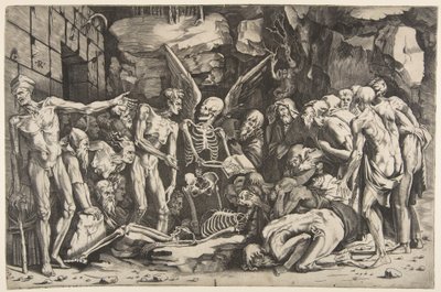 Skeletten, en grupp utmärglade män och kvinnor samlades runt ett skelett som lades på ..., 1515-27. av Marco Dente