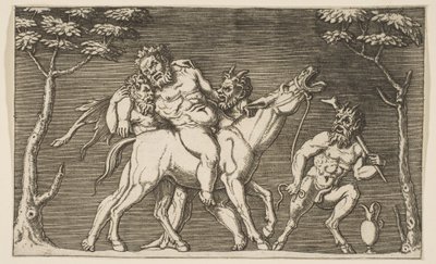 Två satyrer placerar Silenus på en mule och en tredje satyr till höger, ca. 1515-27. av Marco Dente