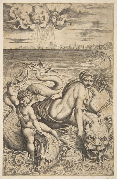 Venus och Amor rider på två havsmonster, Amor höjer en pil i sin högra hand, t..., ca. 1515-27. av Marco Dente