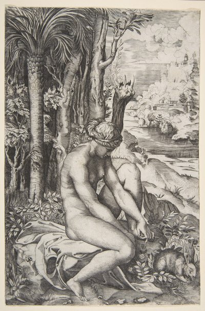 Venus tar bort en tagg från sin vänstra fot när hon sitter på en duk bredvid träd, en ..., ca. 1515-27. av Marco Dente