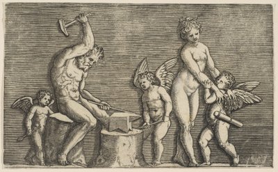 Vulcan sitter och hamrar på ett städ flankerad av Venus och tre amoriner, ca. 1515-27. av Marco Dente
