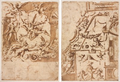 Grotesk med en Satyr som matar en drake (recto); Grotesk med en hoppande kentaur (verso) av Marco Marchetti