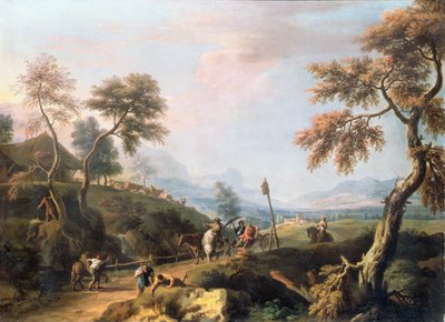 Ett skogslandskap med herrar i en vagn på en väg (olja på duk) av Marco Ricci