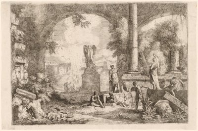 Capriccio av antika ruiner med män som stirrar på en klassisk talare av Marco Ricci