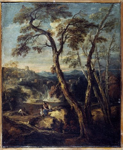 Landskap": Caprice. Målning av Marco Ricci (1676-1730), Accademia Carrara, Bergamo Italien. av Marco Ricci