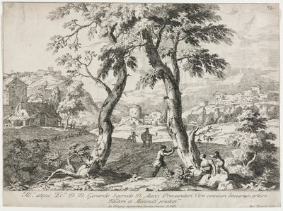 Vy över en by med figurer i förgrunden av Marco Ricci
