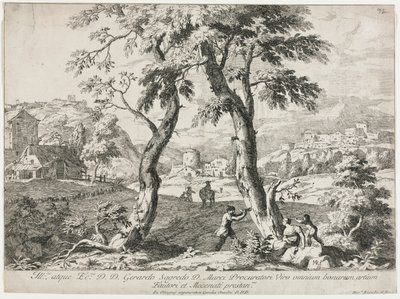Vy över en by med figurer i förgrunden, 1723. av Marco Ricci