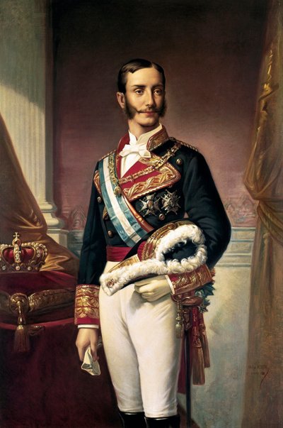 Porträtt av Alfonso XII, kung av Spanien (olja på duk) av Marcos Giraldez de Acosta