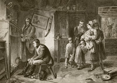 Napoleon söker vila i en stuga vid vägkanten efter sitt nederlag vid Waterloo, graverad av J.D. Cooper av Marcus Stone