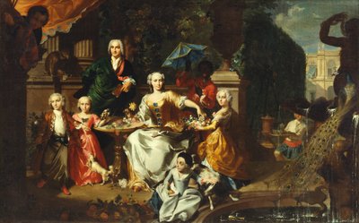 En familjegrupp på en terrass på tomten till en villa. Möjligen den engelske affärsmannen George Jackson och hans familj av Marcus Tuscher