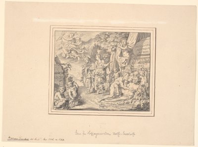 Allegoriskt blad med den drunknade Silenus och andra mytologiska och allegoriska figurer vid en sarkofag med inskriptionen: "Sepulcrum pudicitiae mortae" av Marcus Tuscher
