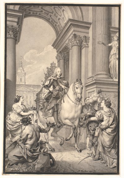 Förberedelse för målningen: Danmark och Norge hyllar Chr. VI (brände med Christiansborg 1794) av Marcus Tuscher